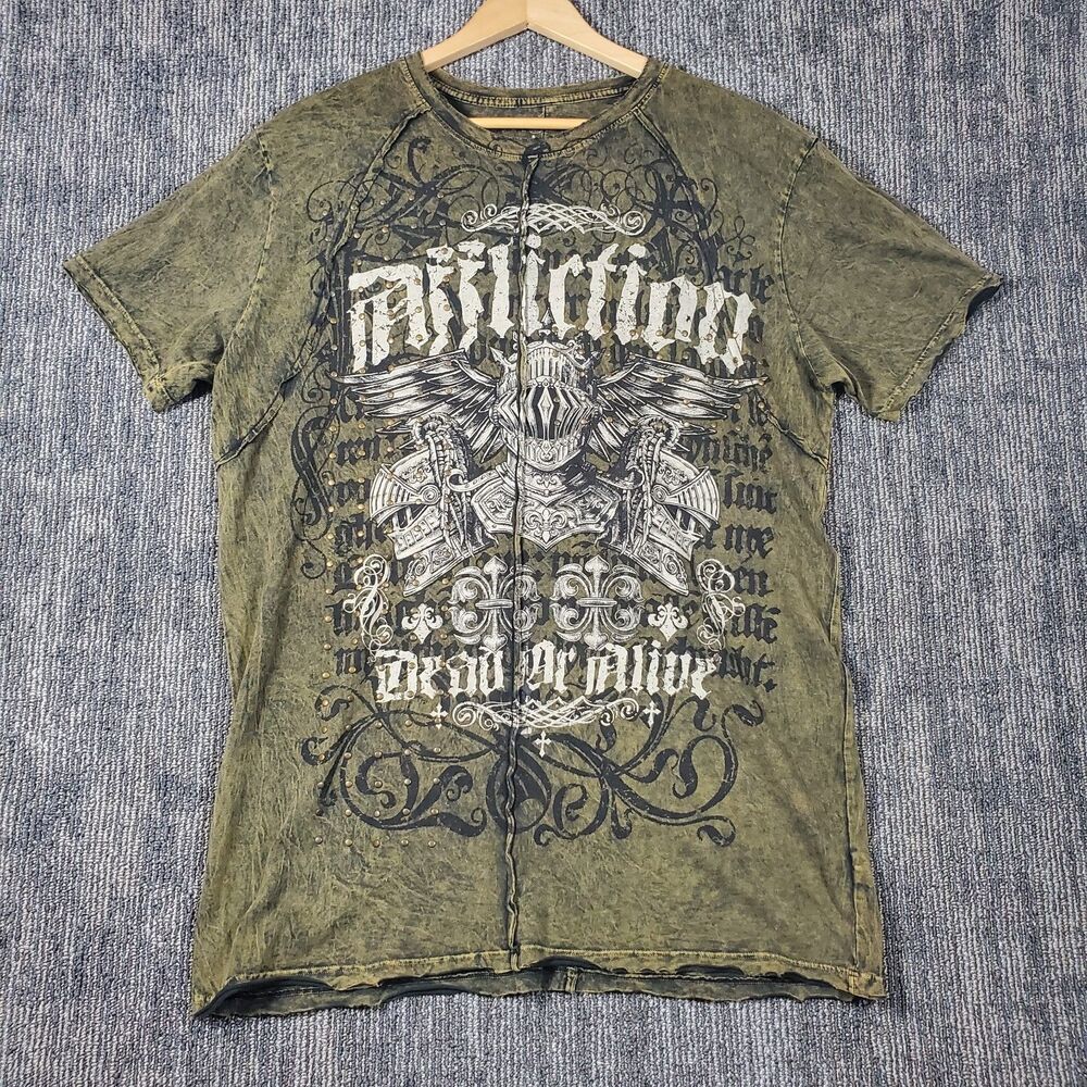 Affliction Dead Or Alive Shirt Men's XL Brown Copper Crewneck Beaded Rockabilly